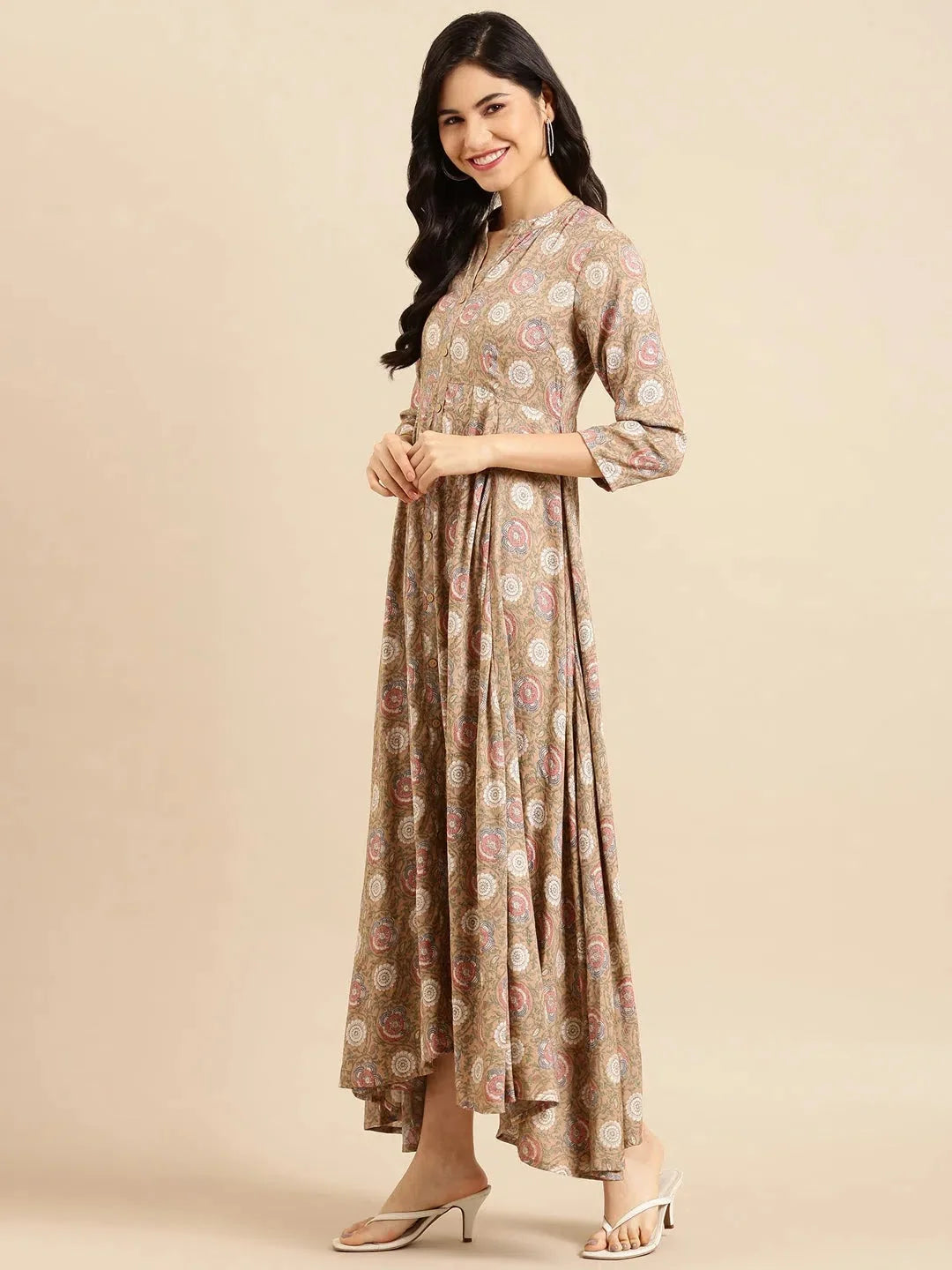 Beige Printed Anarkali Kurta | Cotton Anarkali Kurti for Women