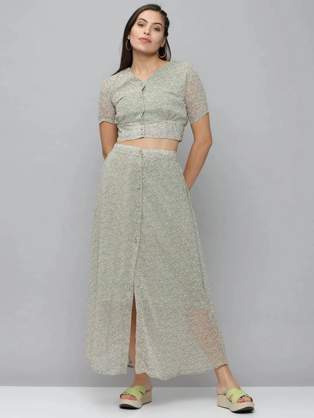 Women's Green Printed Co-Ords-AE-7066-Green