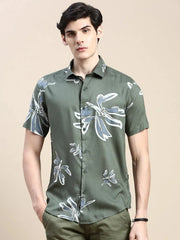Men Green Floral Casual Shirt-GEORGE-1599-Olive