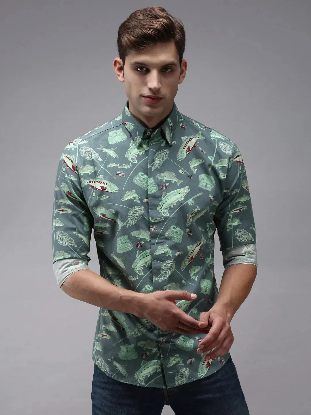 Green Printed Cotton Mens Shirt - Casual Style | DesiQlo