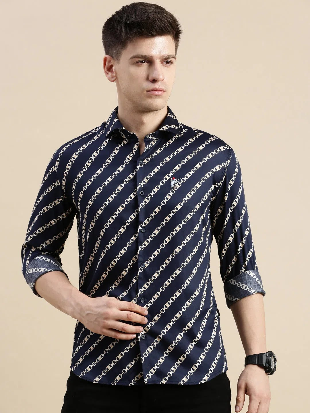 Navy Graphic Print Mens Shirt - Casual Beach Shirts