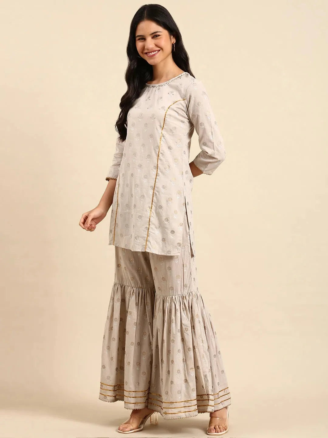 Grey Printed Women's Kurta Set | Floral Cotton Kurta Sets