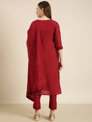 Women Straight Maroon Floral Kurta and Trousers Set Comes With DupattaKC-052557-Maroon