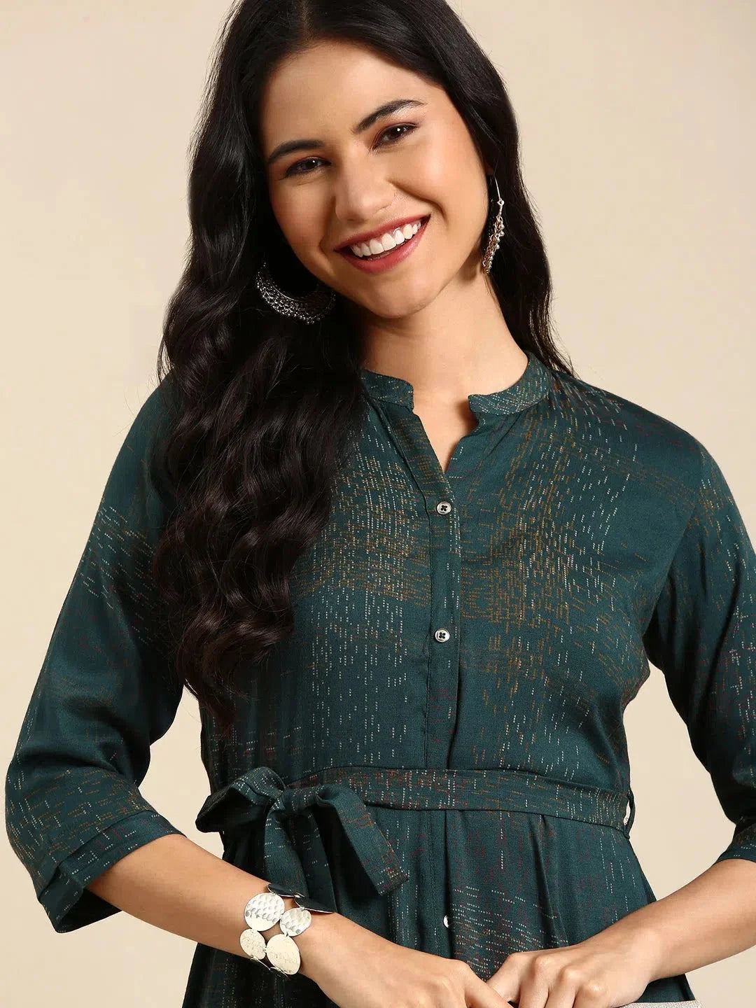 Women's Teal Printed Viscose Anarkali Kurta | DesiQlo