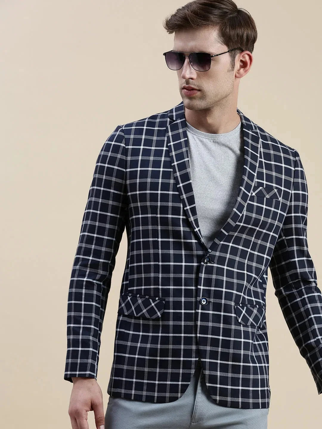 Navy Checked Cotton Blazer - Men's Ethnic Wear from DesiQlo