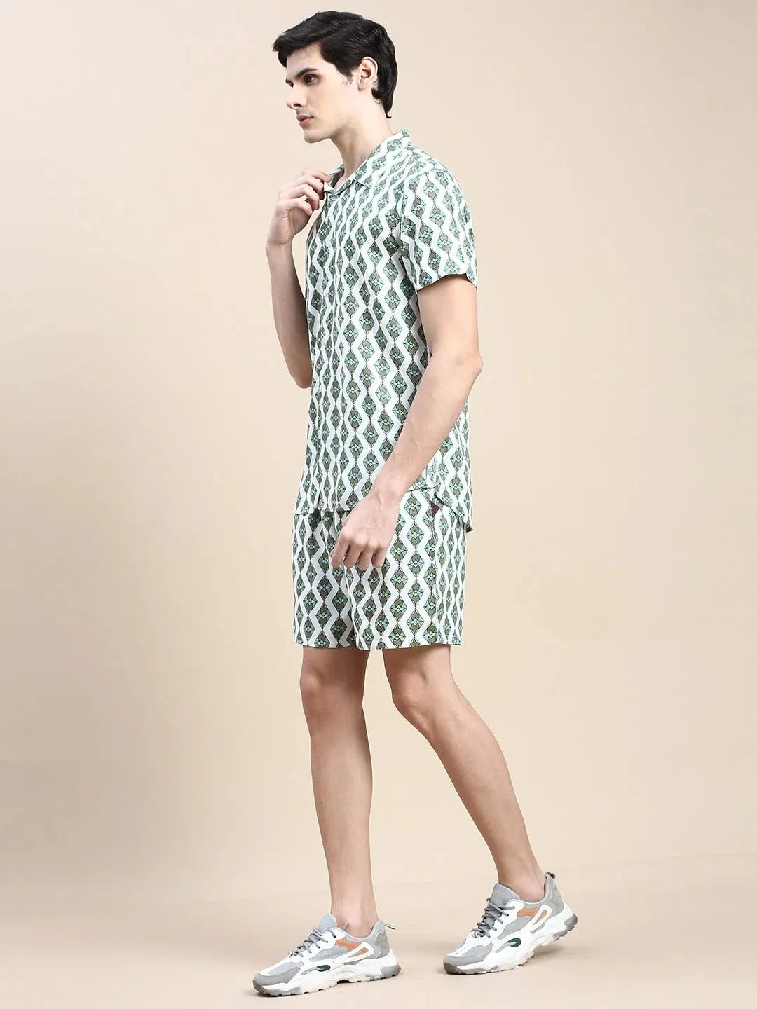 Men's White Printed Cotton Casual Co ord Set | Showoff