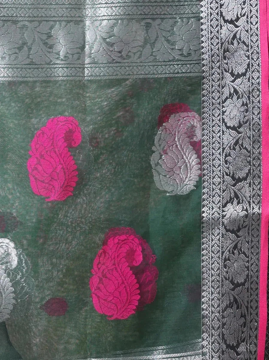 Emerald Green Linen Saree | Indian Sarees & Zari Work
