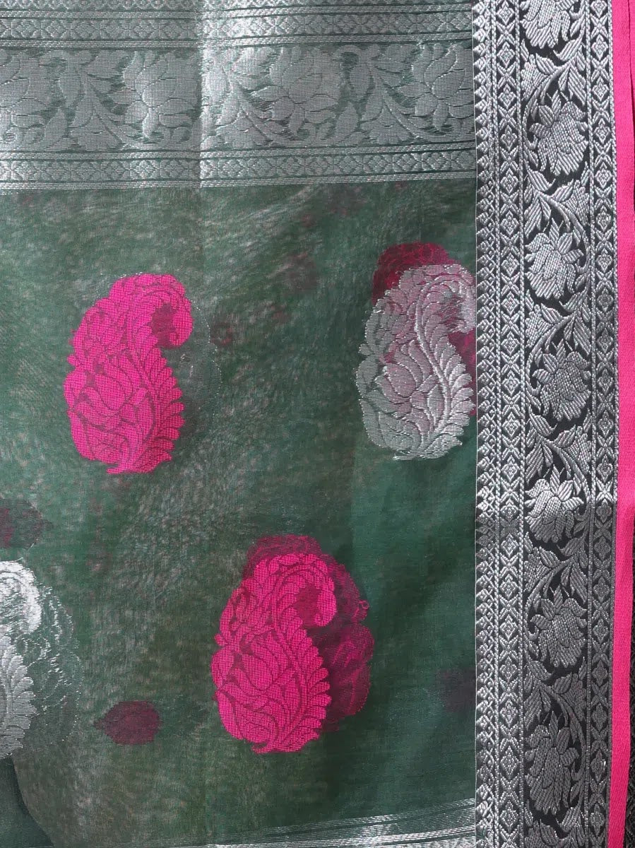 Emerald Green Linen Saree | Indian Sarees & Zari Work