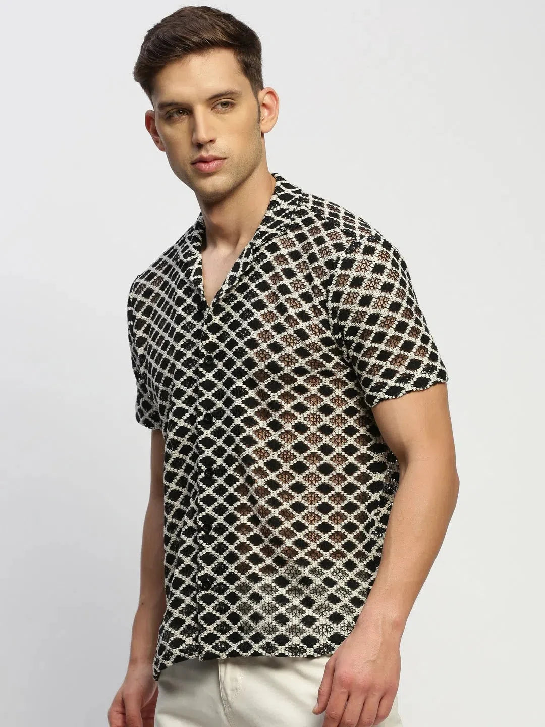 Men's Cream Geometric Shirt - Stylish Cotton Shirt | DesiQlo