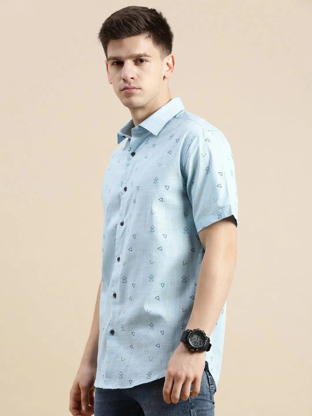 Blue Geometric Linen Shirt - Mens Printed Linen Shirt
