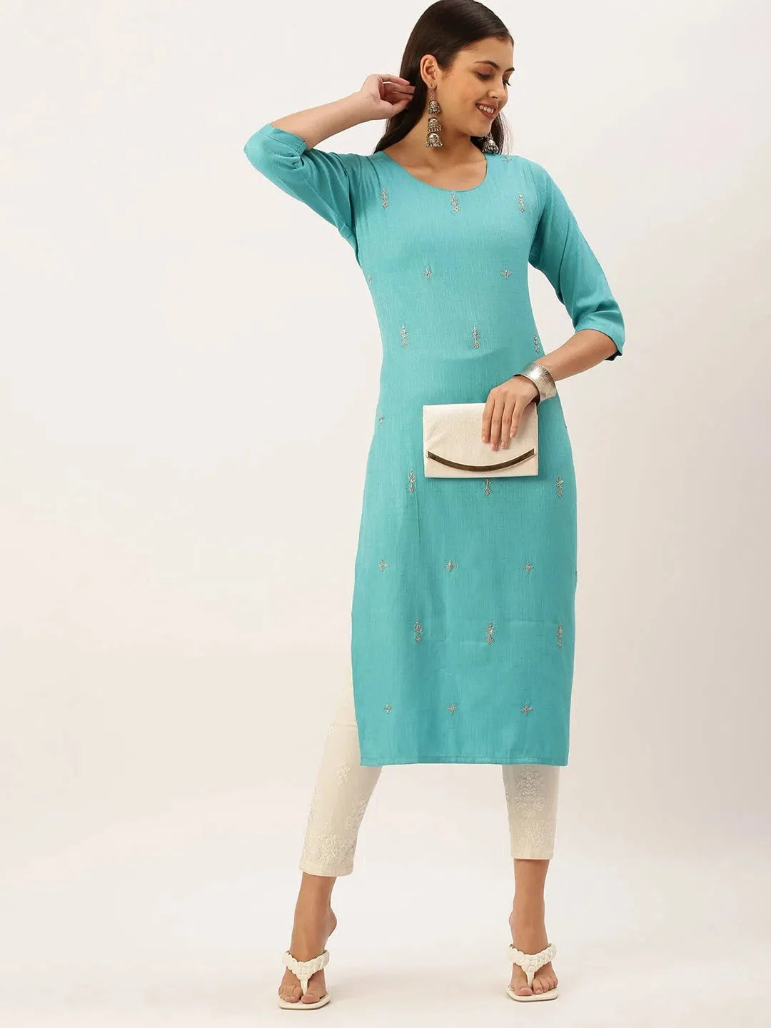 Blue Embellished Indian Kurta for Ladies - Cotton Short Kurti