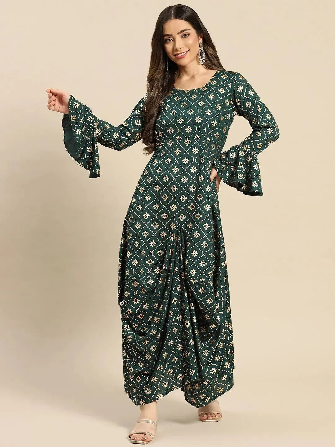Bottle Green Bell Sleeve Long Dress | Wedding Lehenga