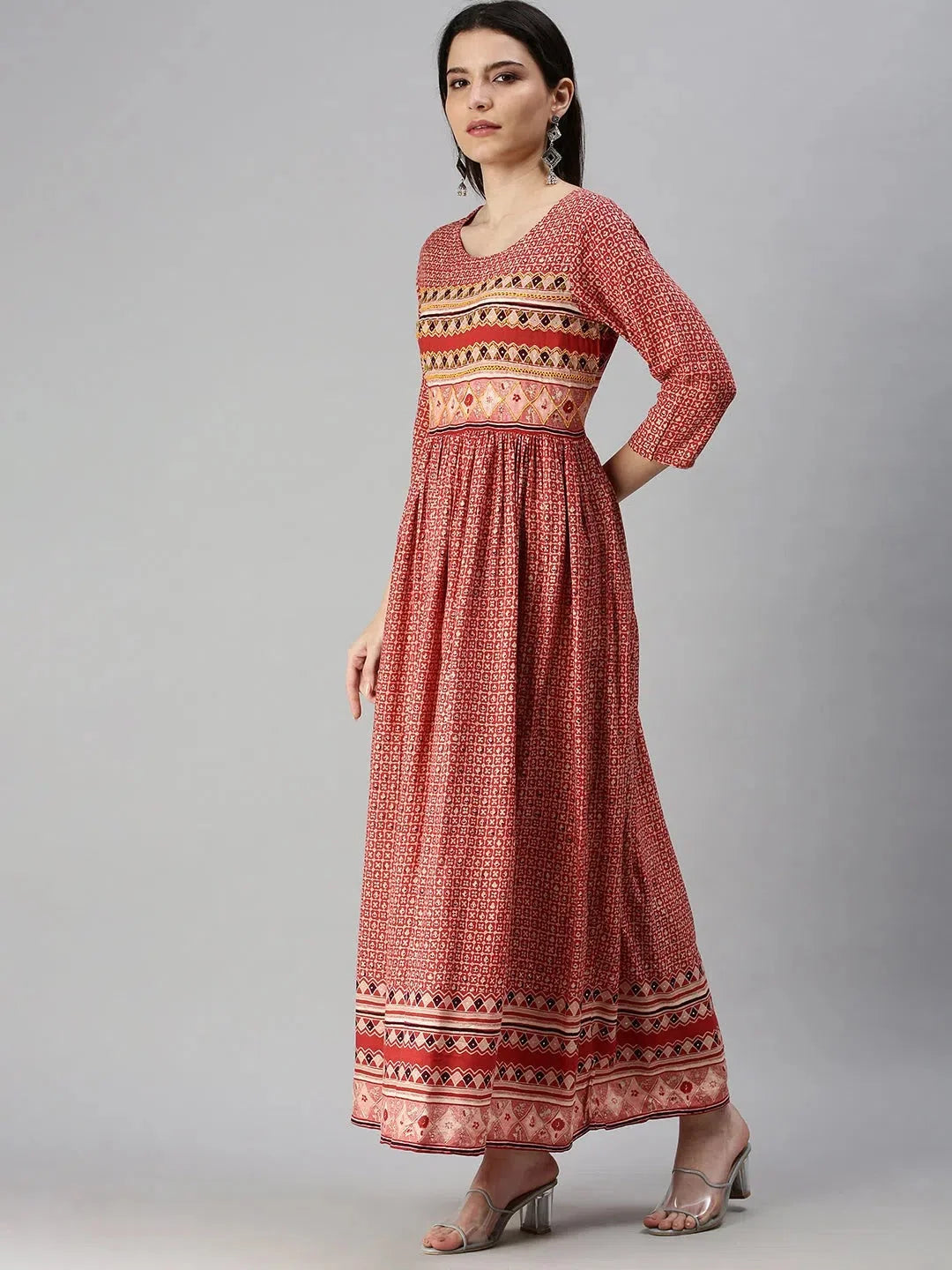 Red Printed Anarkali Kurta for Women | Cotton Anarkali Dress