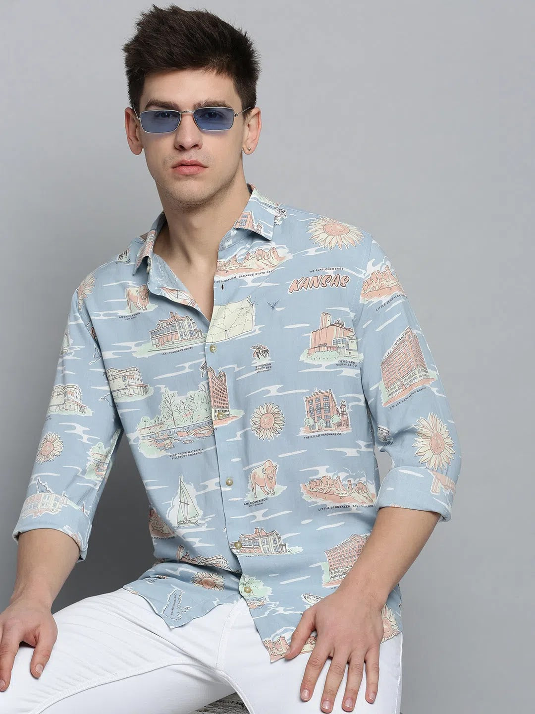 Premium Blue Printed Mens Shirt - Stylish Cotton Shirt | DesiQlo
