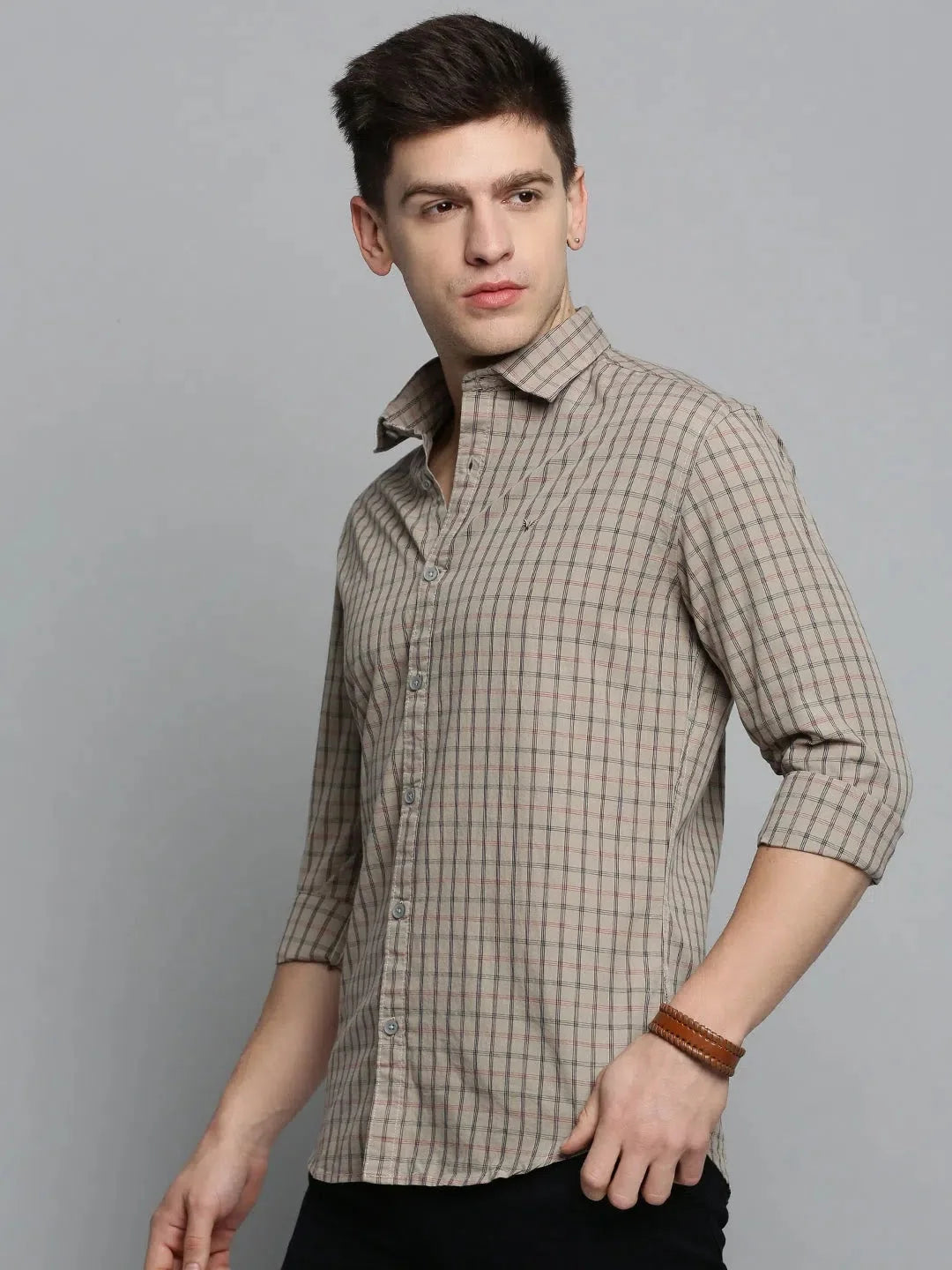 Beige Checked Cotton Mens Shirt - Stylish Casual Shirts