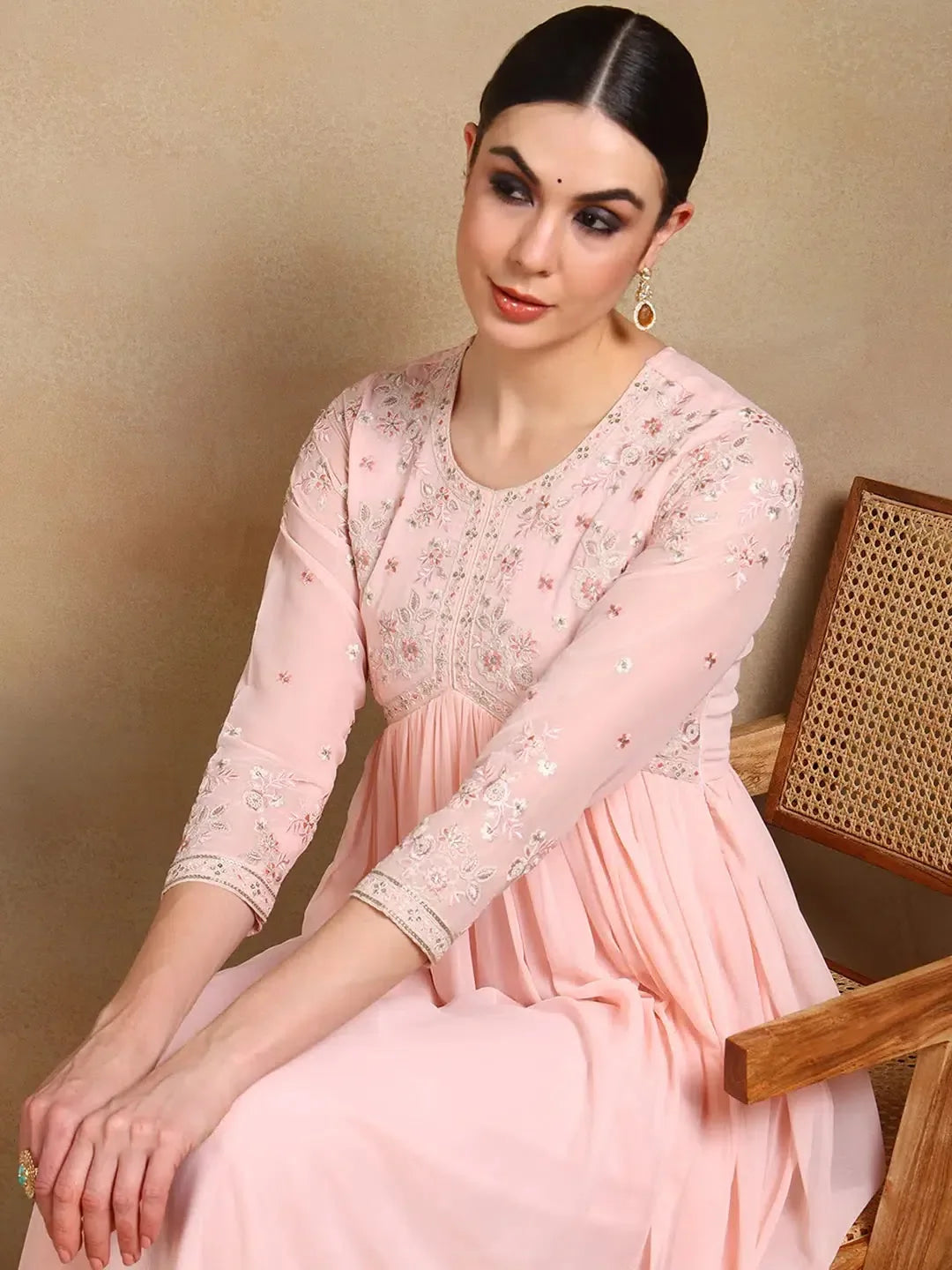 Peach Georgette Anarkali Kurta Set: Embroidered Elegance