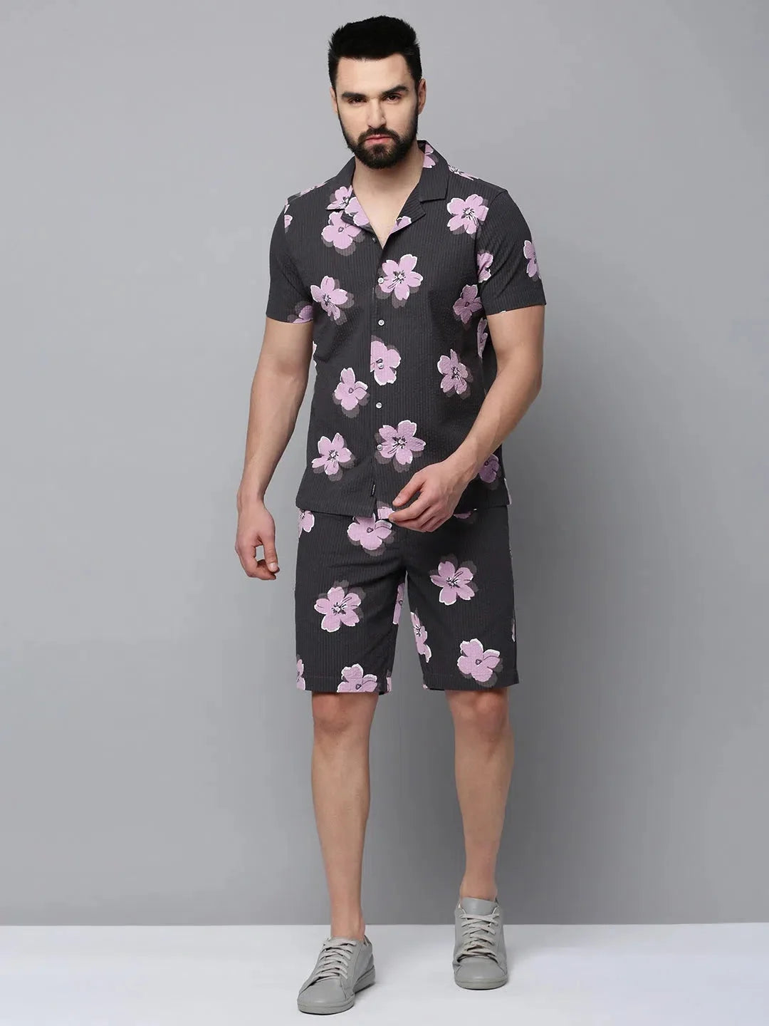 Grey Printed Cotton Casual Mens Co Ord Sets | Showoff