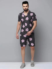 Men Grey Printed Casual Co-Ord Set-BLUEVIBES-0618-Grey