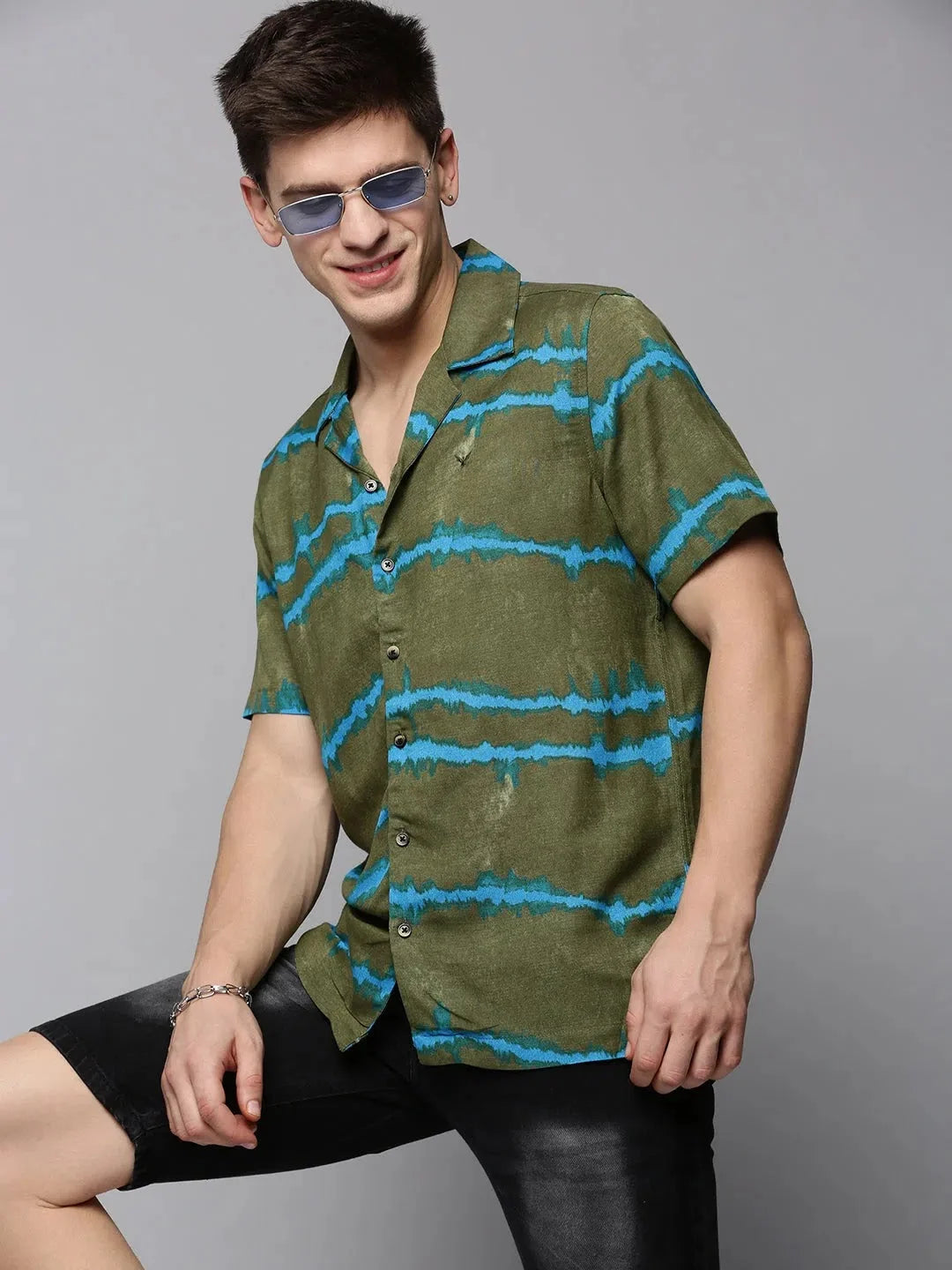 Men Green Printed Casual Shirt-RESORTPRINT-3181-Olive