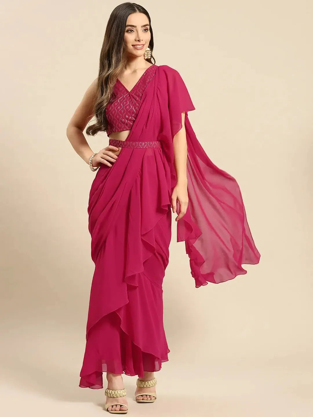 Magenta Frill Gown with Blouse - Traditional Indian Lehenga