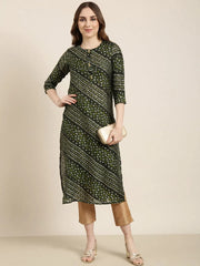 Women Straight Green Bandhani Kurta-GW-703-Green