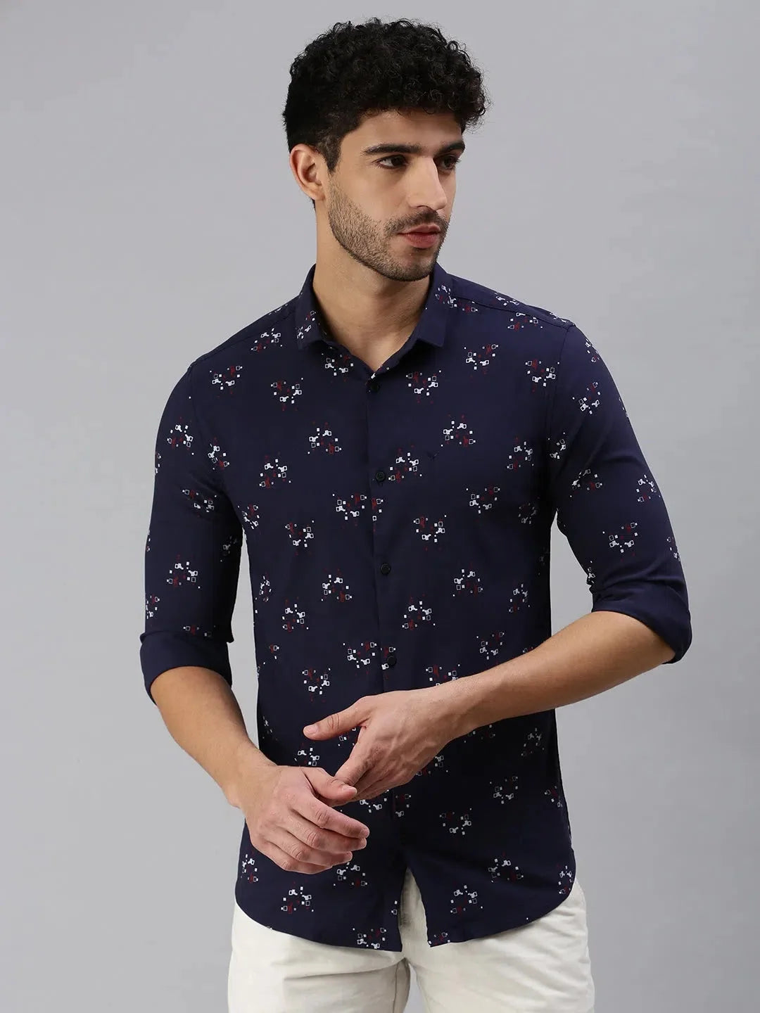 Navy Blue Printed Mens Shirt | Cotton Casual Shirts
