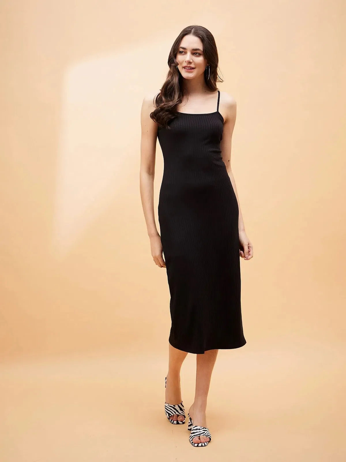 Black Rib Strappy Dress | Women's Midi Cotton Dress