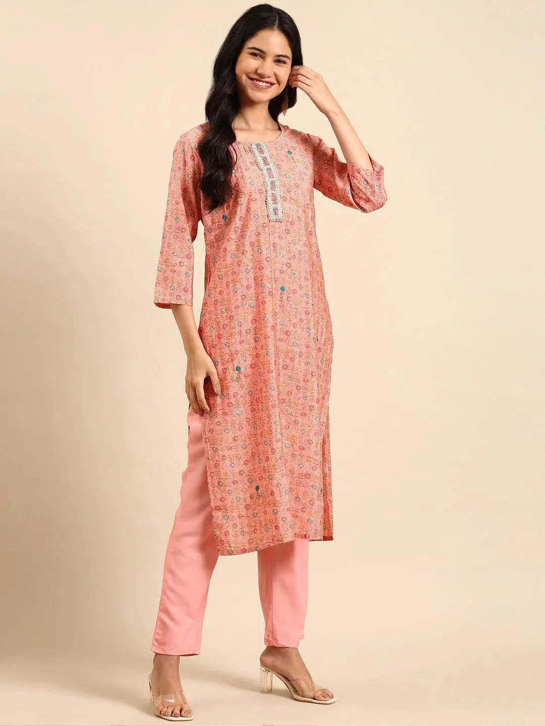 Pink Floral Print Women's Kurta Set | Cotton Indian Kurta Sets