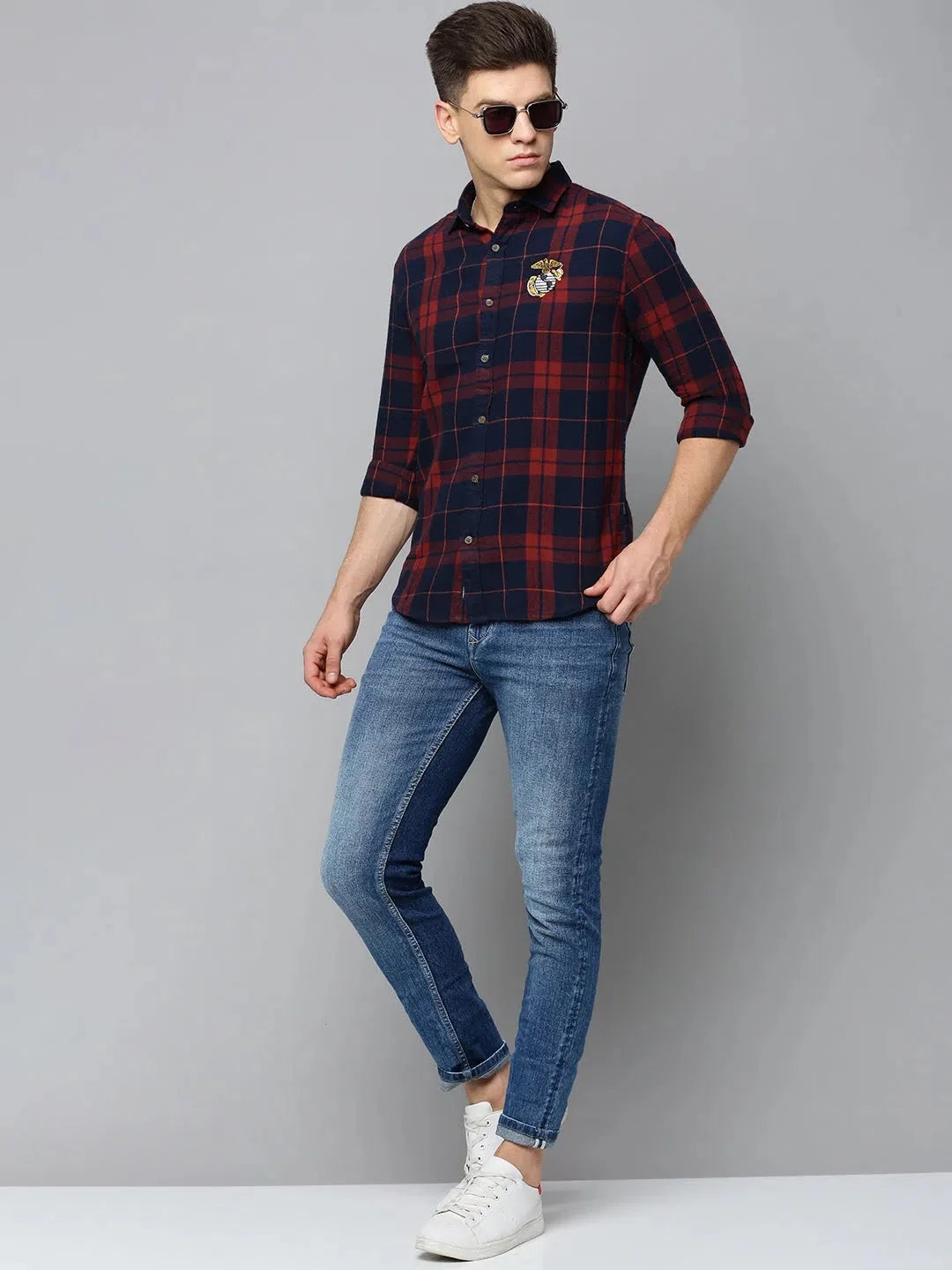 Men's Navy Checkered Cotton Shirt - Casual Mens Shirt