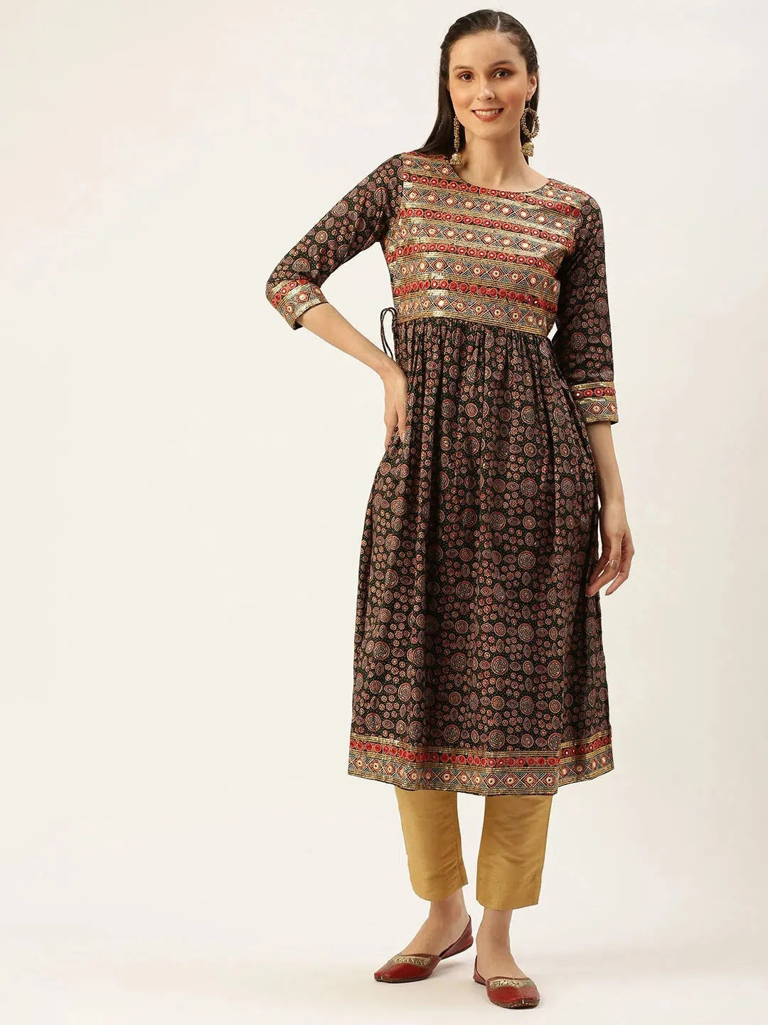Green Printed Cotton A-Line Indian Kurta for Women