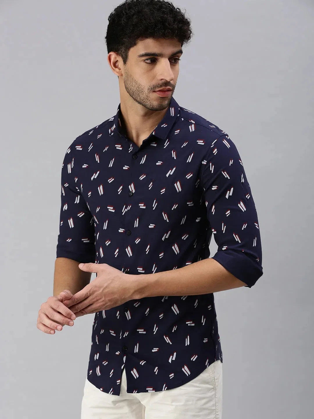 Men's Navy Blue Printed Cotton Shirt | DesiQlo