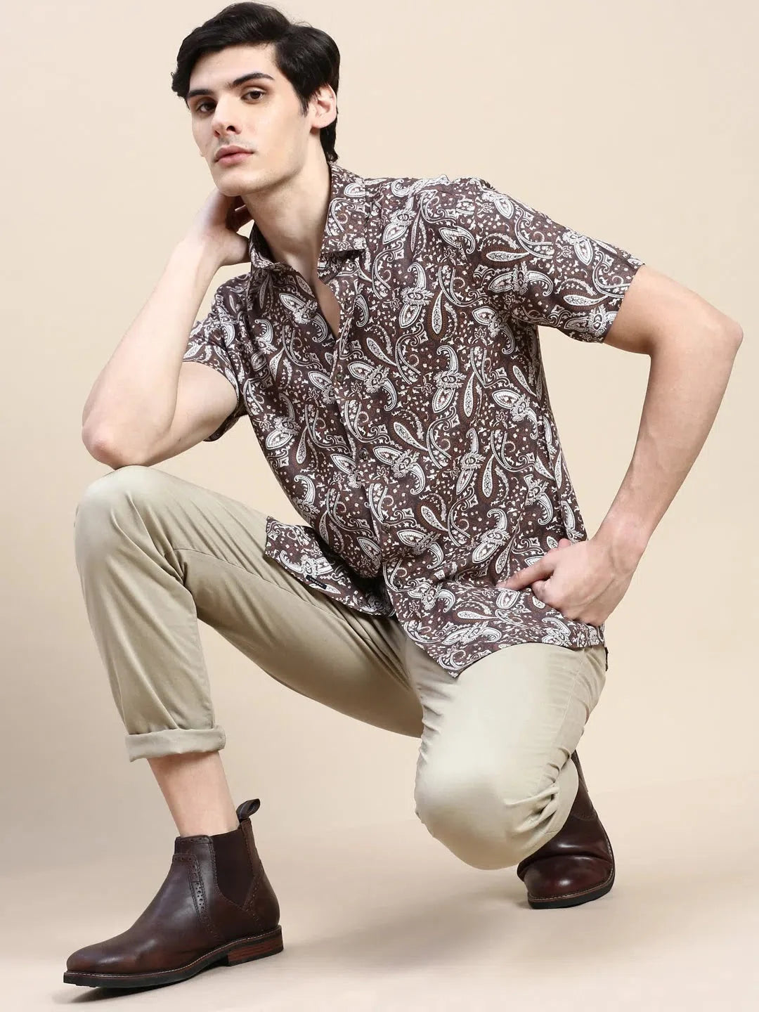 Men's Brown Printed Cotton Shirt | Casual Ethnic Shirt