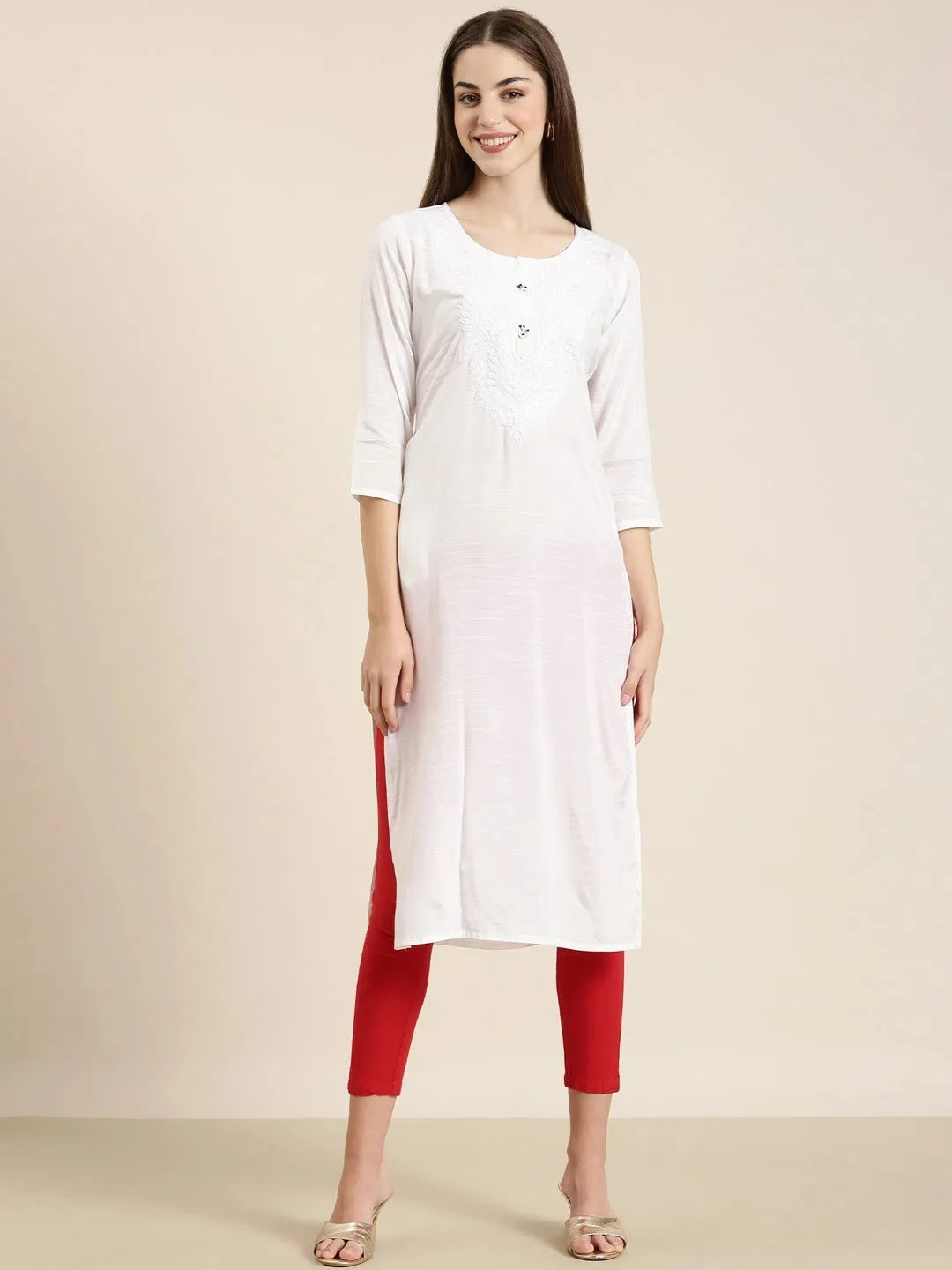 Elegant White Polyester Indian Kurta - DesiQlo Ladies Kurtas