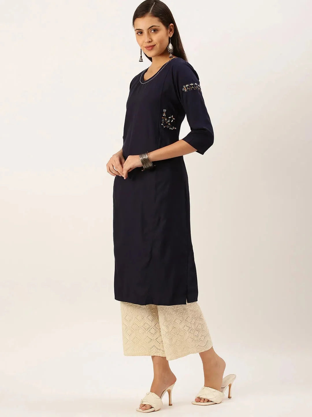 Blue Embroidered Kurta | Women's Indian Cotton Kurta Online