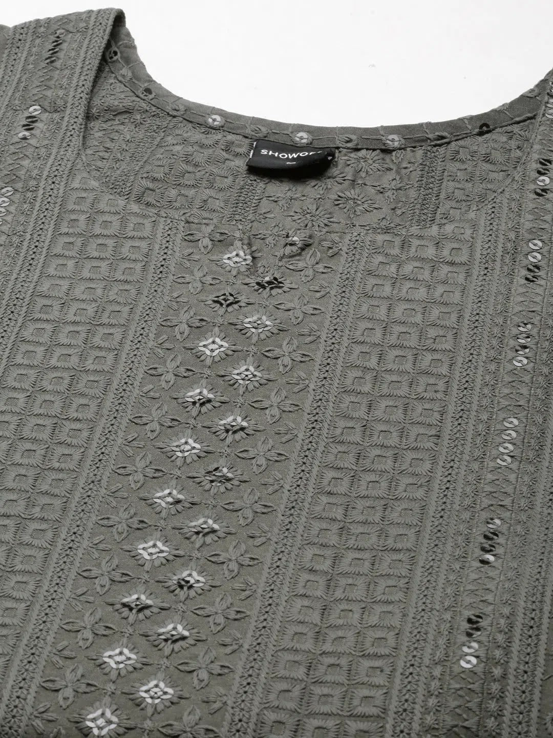Grey Embellished Cotton Indian Kurta for Women - DesiQlo