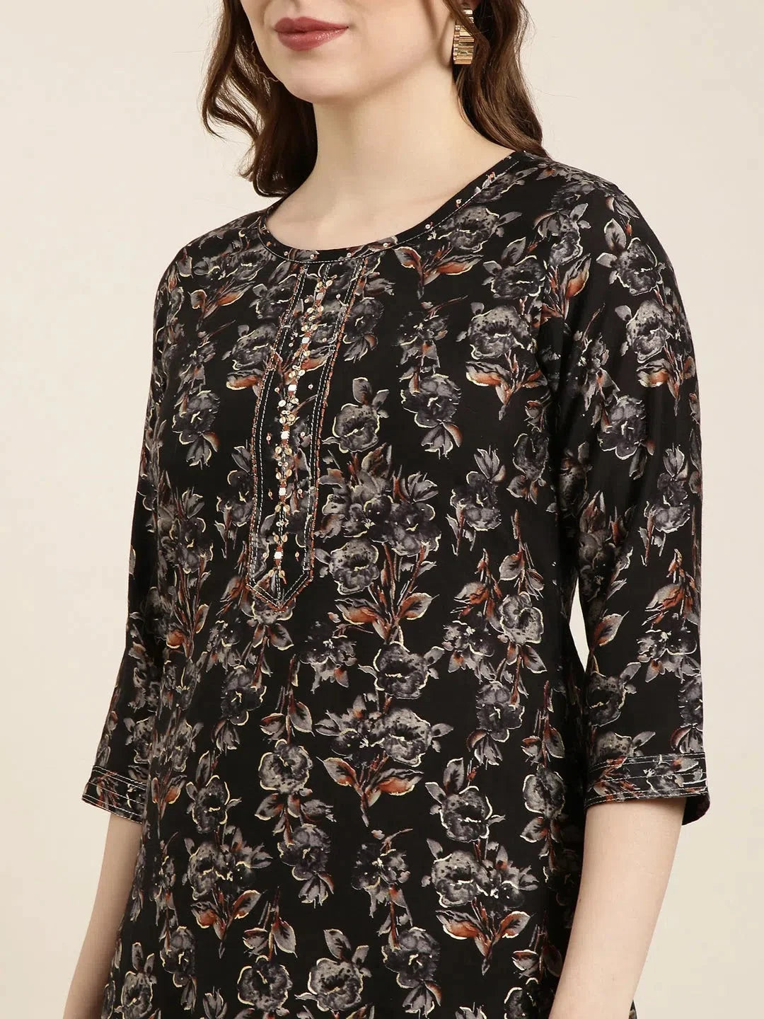 Black Floral Print Cotton Kurta | Women's Indian Kurtis Online