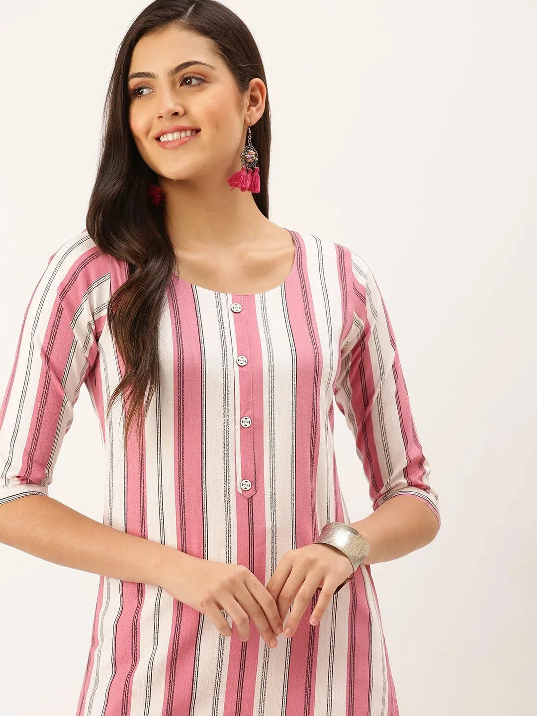 Pink Striped Cotton Indian Kurta for Ladies | DesiQlo