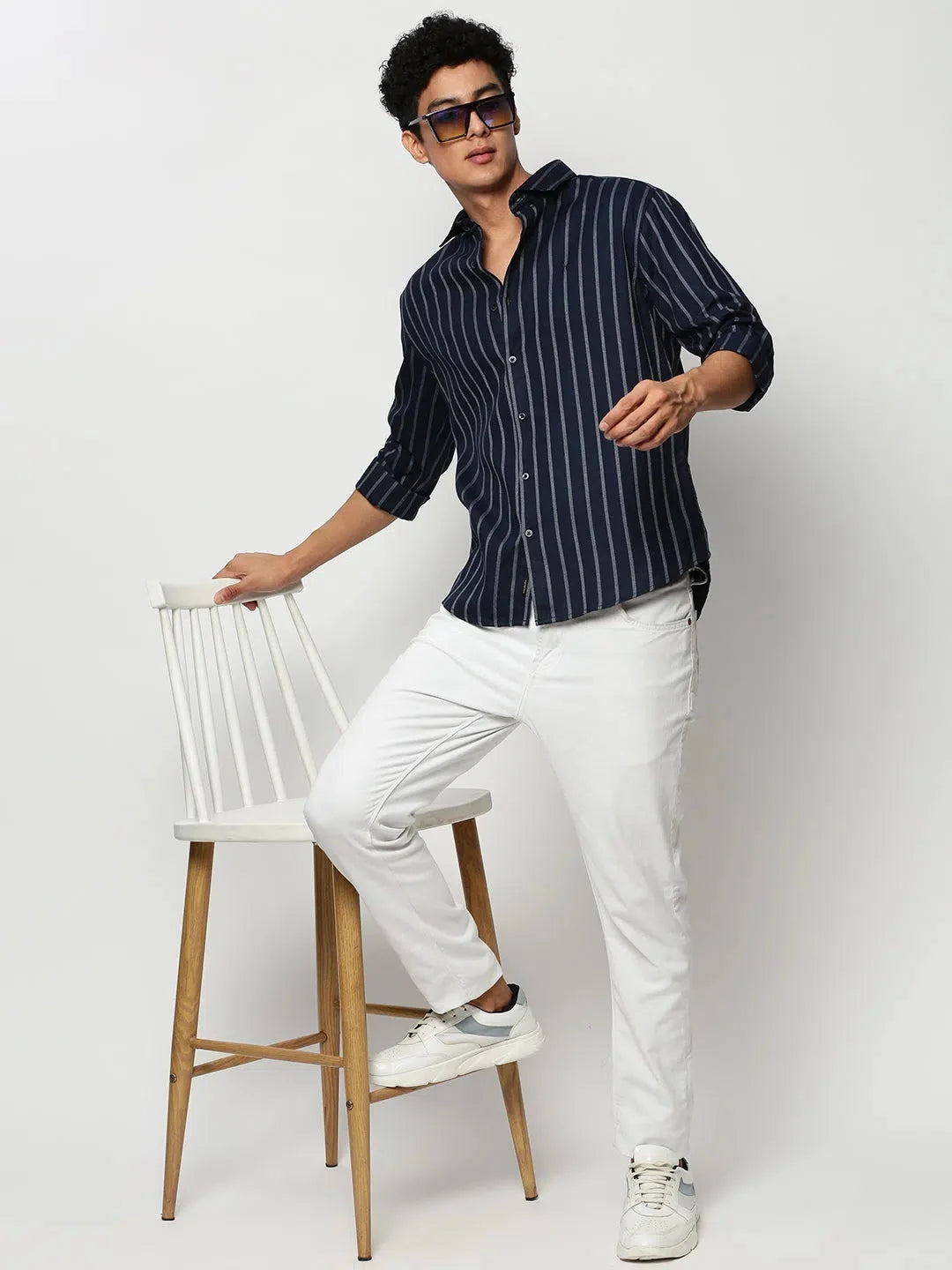 Mens Navy Striped Cotton Shirt - Casual Shirts by DesiQlo