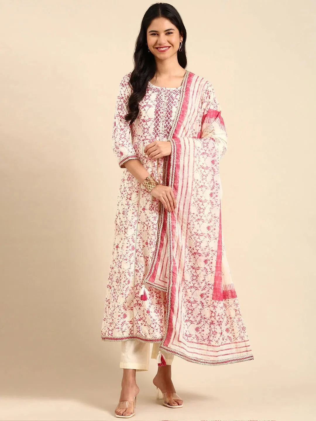 Cream Floral Cotton Kurta Set | Women's Indian Kurta Sets - Style 1