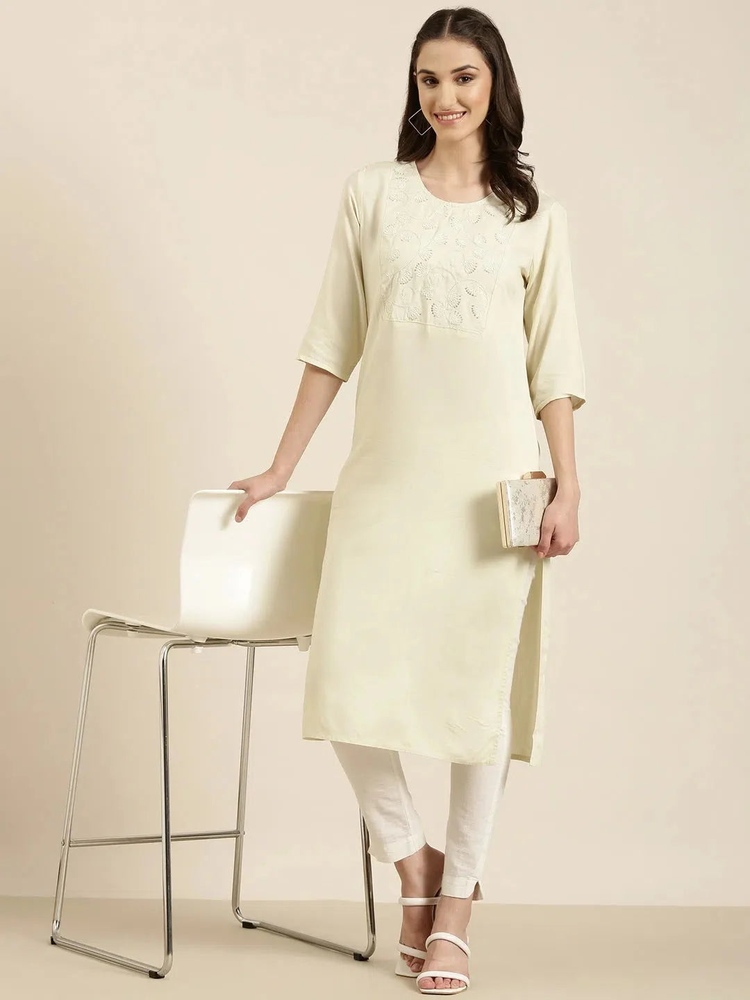 Cream Solid Cotton Kurta - Simple & Chic Indian Kurta for Women