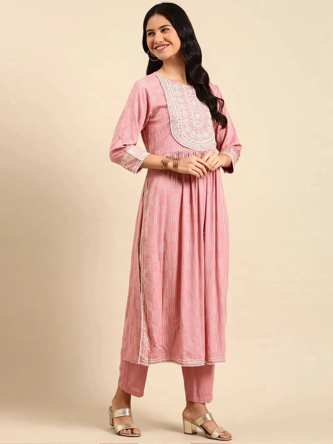 Pink Geometric Women's Kurta Set | Viscose Indian Kurta