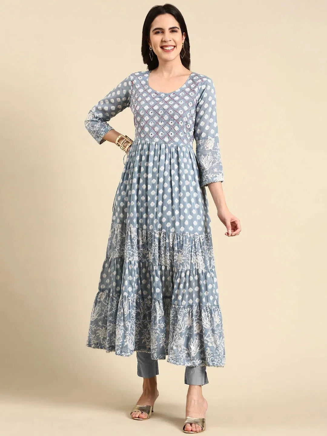 Blue Printed Cotton Anarkali Kurti | Anarkali Kurta for Women