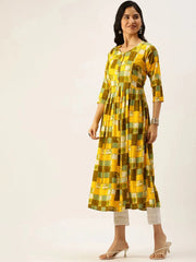 Women's Yellow Printed A-Line Kurtas-ON-535-Yellow