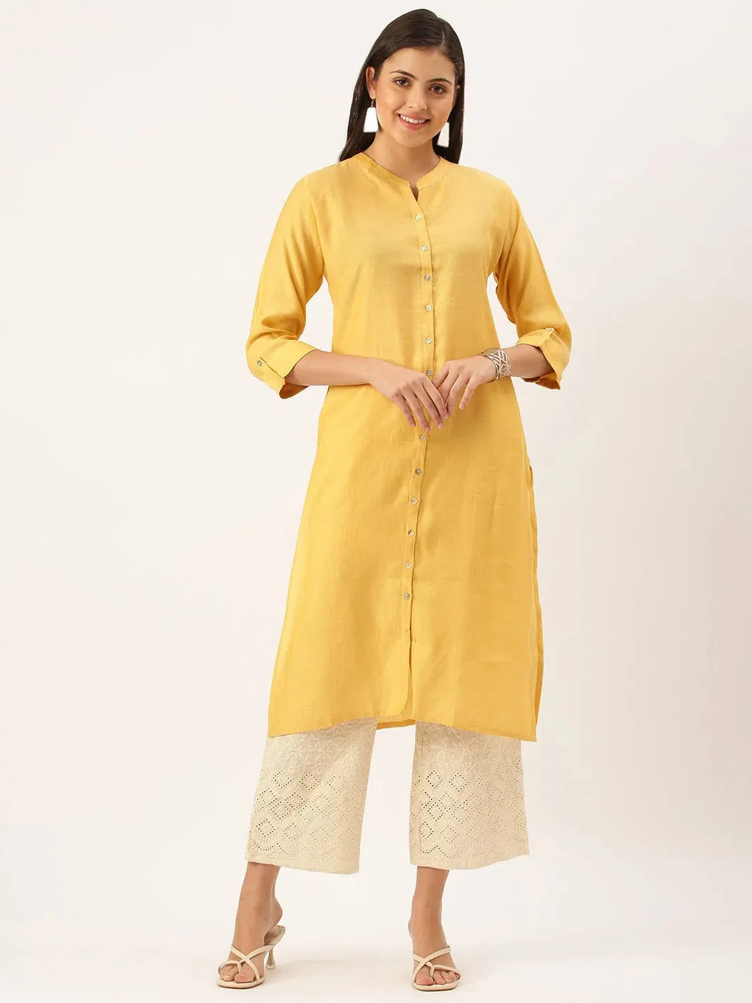 Mustard Cotton Indian Kurta - Solid Straight Kurtas Online