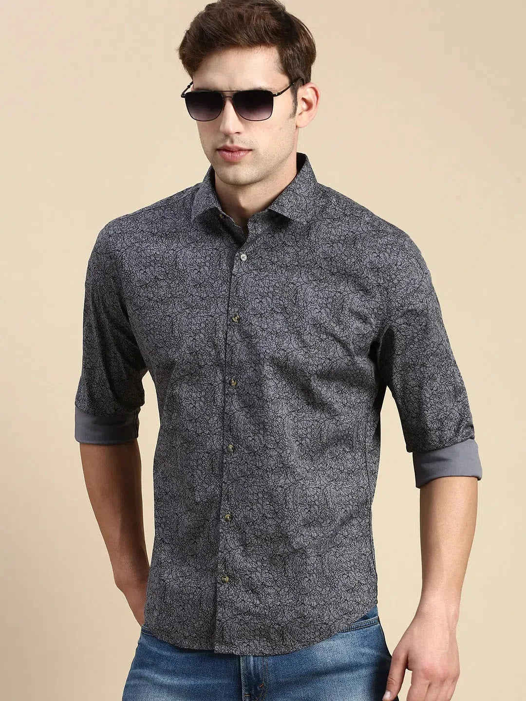 Men's Grey Printed Shirt | Casual Cotton Shirt - DesiQlo