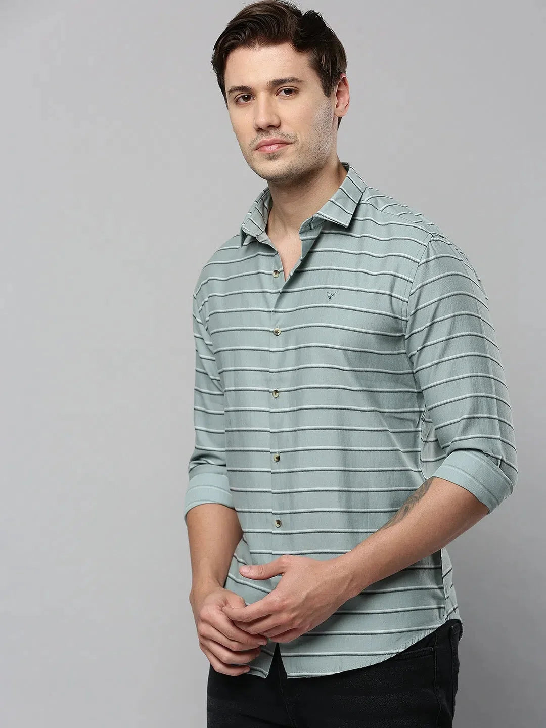 Green Striped Mens Shirt - Cotton Casual Shirt by DesiQlo