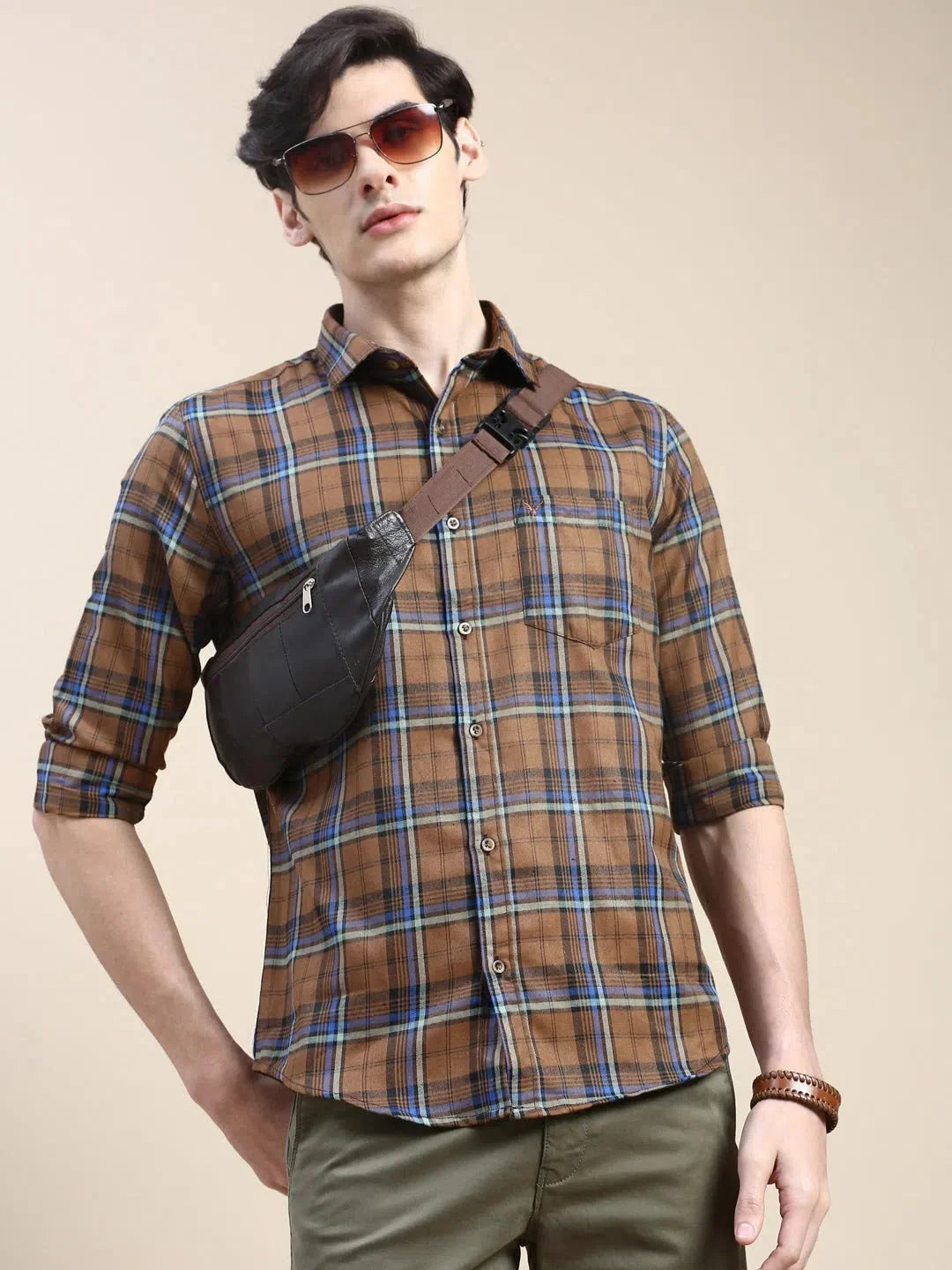 Men Brown Checked Casual Shirt-ALBACHECKS-68-Brown