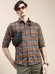 Men Brown Checked Casual Shirt-ALBACHECKS-68-Brown