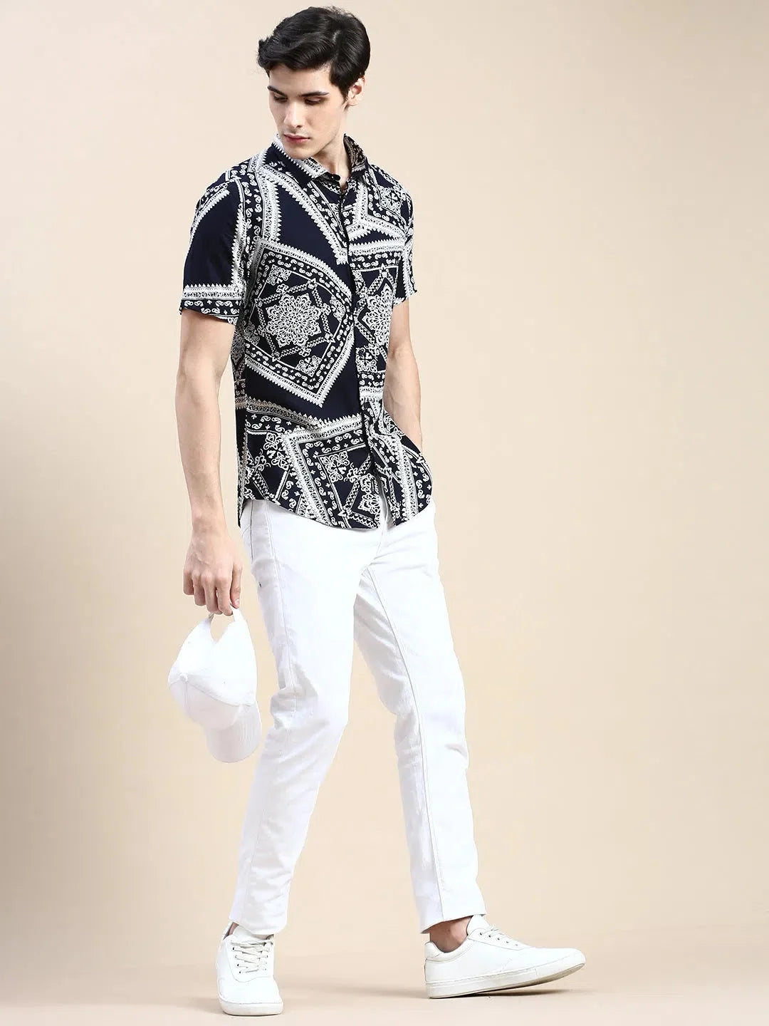 Navy Printed Mens Shirt - Cotton Ethnic Motif Casual Shirt
