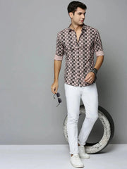 Men Peach Printed Casual Shirt-HARPERPRINT-1690-Peach